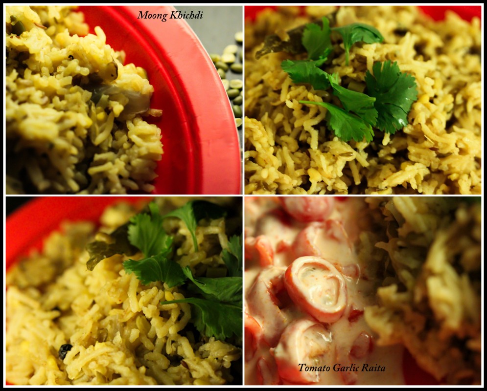 Green Moong Dal Khichdi with Tomatoe Garlic Raita