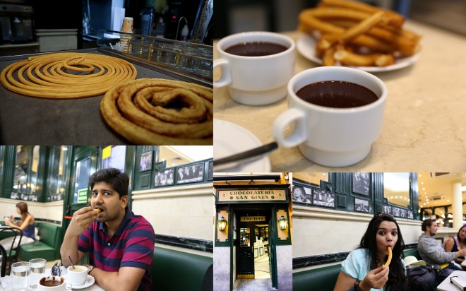 The Chocolatería San Ginés is a café at Pasadizo de San Ginés, 5, in central Madrid, in a passageway close to San Ginés church, west of the Puerta del Sol. It has served principally chocolate con churros (hot chocolate and churros) since 1894. Coffee and cakes are also available. The interior is decorated with mirrors and green wood panels, with green velvet seats and marble tables. The hot chocolate is served in Spanish style - thick, dark and strong - and the churros - deep fried batter, similar to a light, crispy, linear doughnut, cut to length by the staff - are served hot and freshly cooked, ready for dunking